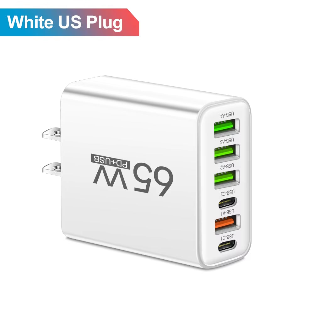Total 65W USB C Charger 6 Ports Fast Charging Wall Charger for Iphone 15 14 Pro Max Samsung Galaxy S23 Xiaomi 14 Mobile Phone Ch