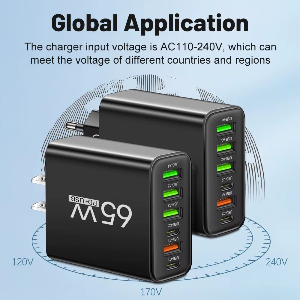 Total 65W USB C Charger 6 Ports Fast Charging Wall Charger for Iphone 15 14 Pro Max Samsung Galaxy S23 Xiaomi 14 Mobile Phone Ch