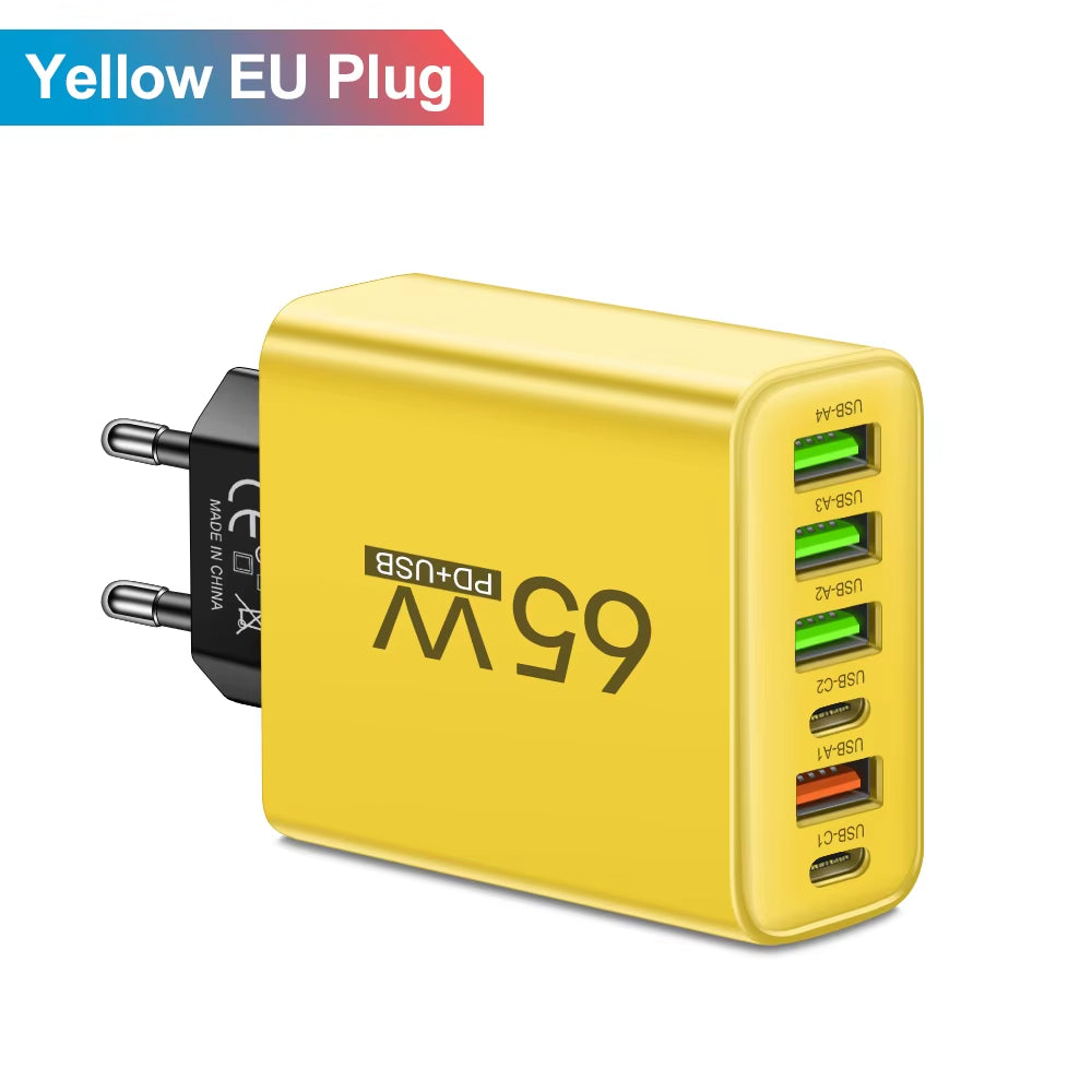 Total 65W USB C Charger 6 Ports Fast Charging Wall Charger for Iphone 15 14 Pro Max Samsung Galaxy S23 Xiaomi 14 Mobile Phone Ch