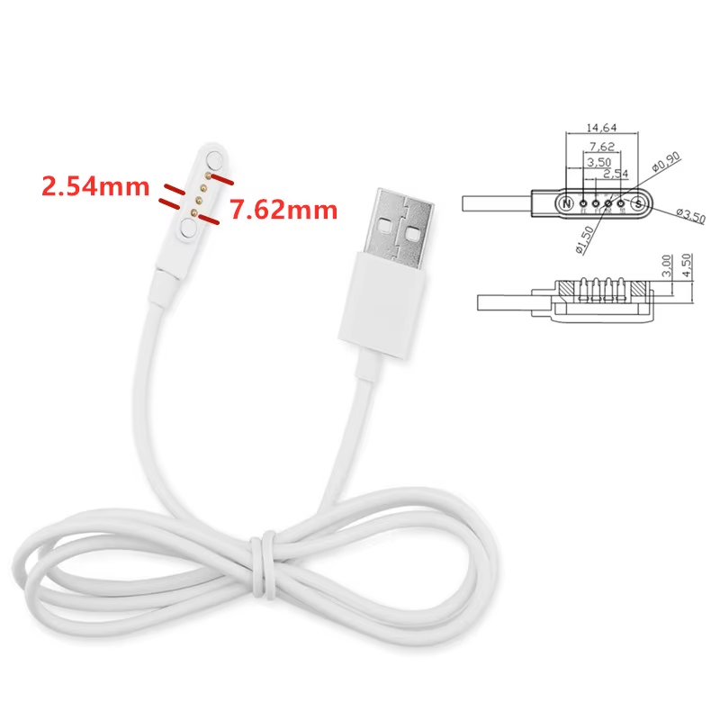 Cabo de Carregamento Magnético com 2 Pinos – USB | Forte Fixação Magnética | Cor Preto ou Branco | Compatível com Relógios Inteligentes Universais